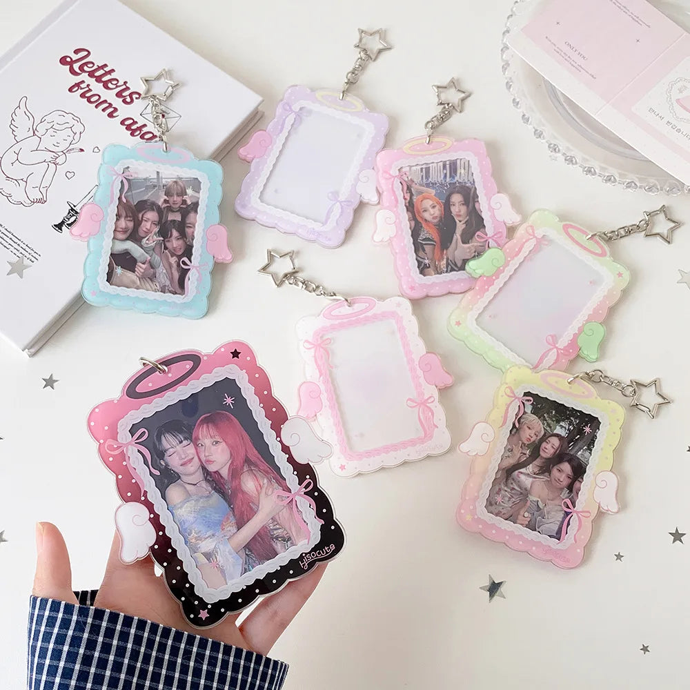 Kawaii 3-inch Photocard Holder with Wing Charm Keychain Kpop Idol Photo Sleeve for Student ID Bag Pendant Cute Card Protector