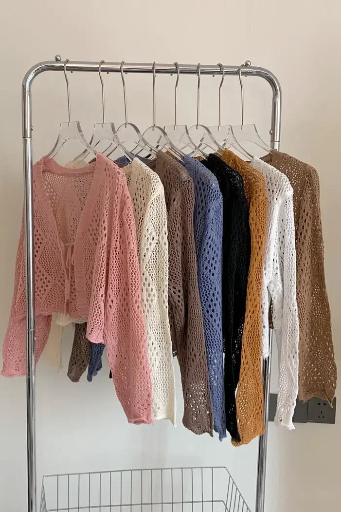 Sheer Pointelle Knit Crop Cardigan with Tie Front Openwork Long Sleeve Short Jacket Top Cover for Women Teen-girl Cute Outfit