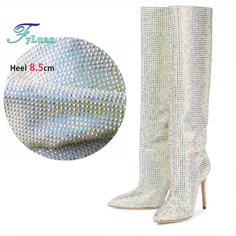 Gorgeous Rhinestones Boots Full Crystal Diamond Star Stage Shoes Women Pointy Knee-high 8.5CM Thin Heel Glitter Party Long Boots