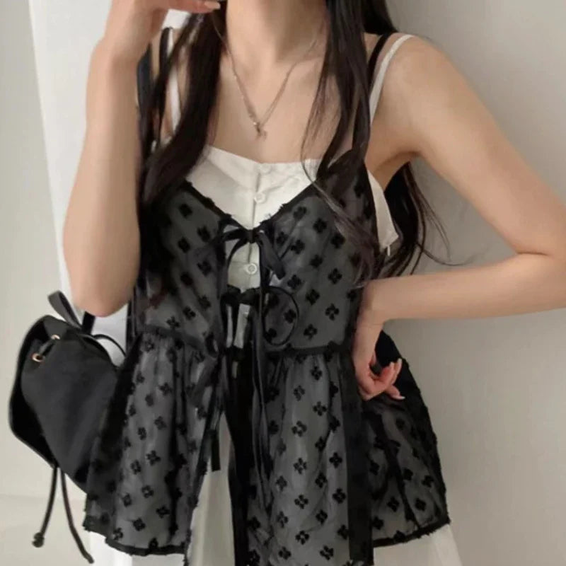 Mesh See-Through Lace-Up Camisole Top | Inspired by Ningning