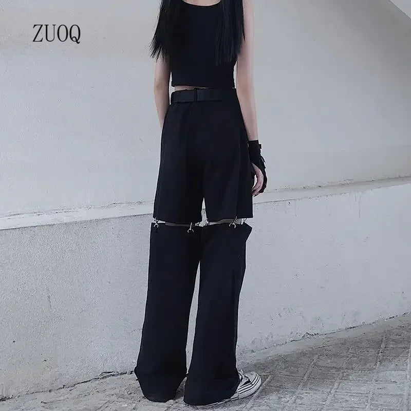 New Fashion Black Pants Women 2025 Detachable Casual Korean Cargo Wide Leg Pant Woman