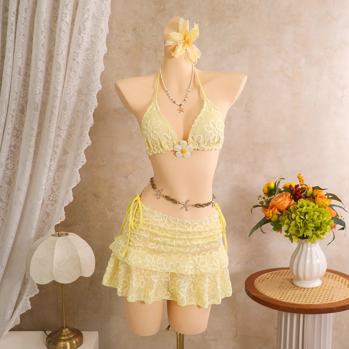 Sexy Yellow 3D Flower Bikini Set 2026 Women Flower Embroidery Push Up Bra Pleate Cover Up 3 Piece Swimsuit Bathing Suit Swimwear