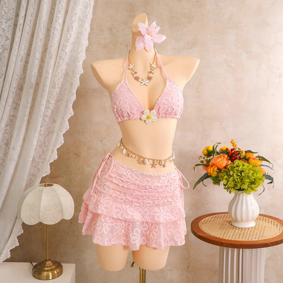 Sexy Yellow 3D Flower Bikini Set 2026 Women Flower Embroidery Push Up Bra Pleate Cover Up 3 Piece Swimsuit Bathing Suit Swimwear