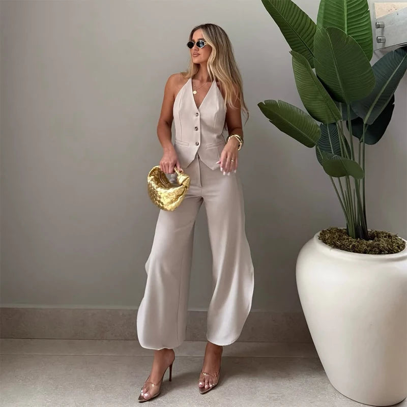Women Halter Neck Vest Pants Set Elegant Sleeveless Button Front Blazer Top Split Curved Hem Trousers Suit 2026 Office Outfit