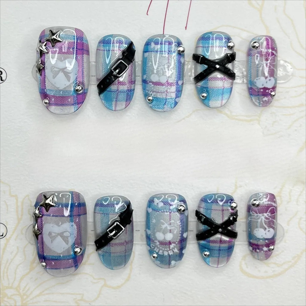 Y2K Neon Blue Pink Checkered Oval Press On Nails Handmade 3D Star Stud Bow Cherry Short Cute Baddie Cat Eye Glitter Fake Nails