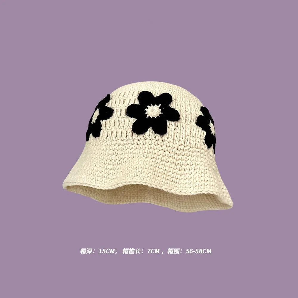 2023 Autumn New Crochet Korean Handmade Bucket Hat Women Weaving Knitted Hat  Fashion Flowers Autumn Winter Beanies Basin Cap