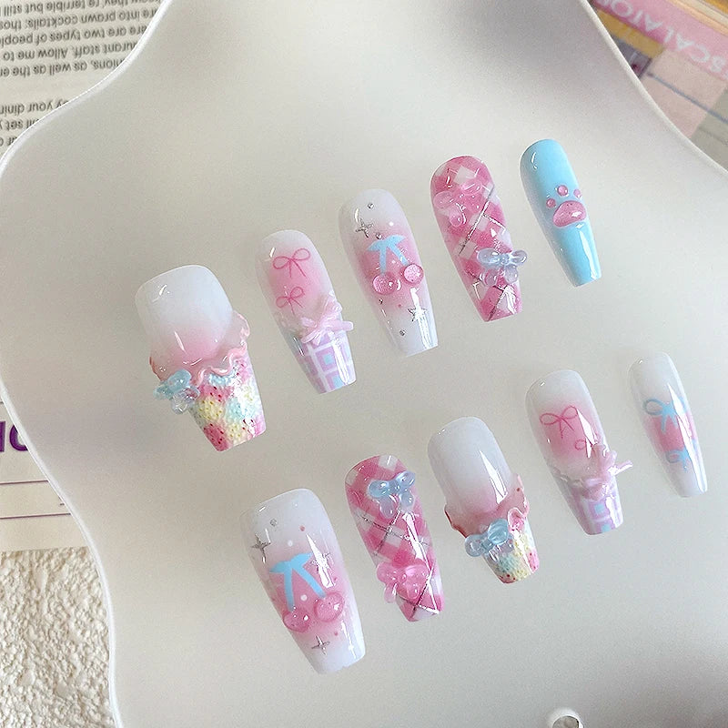 10pcs Pure Handmade Coffin Shaped Nail Art, Beautiful Fake Nails, Playful Pink White Blue Nail Art, Suitable for Women to Use