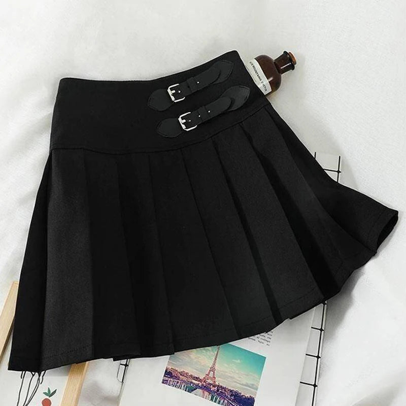 Buckle Pleated Mini Skirt High Waist Short Skirts Women Skort Y2K Black Goth Academia Preppy Style