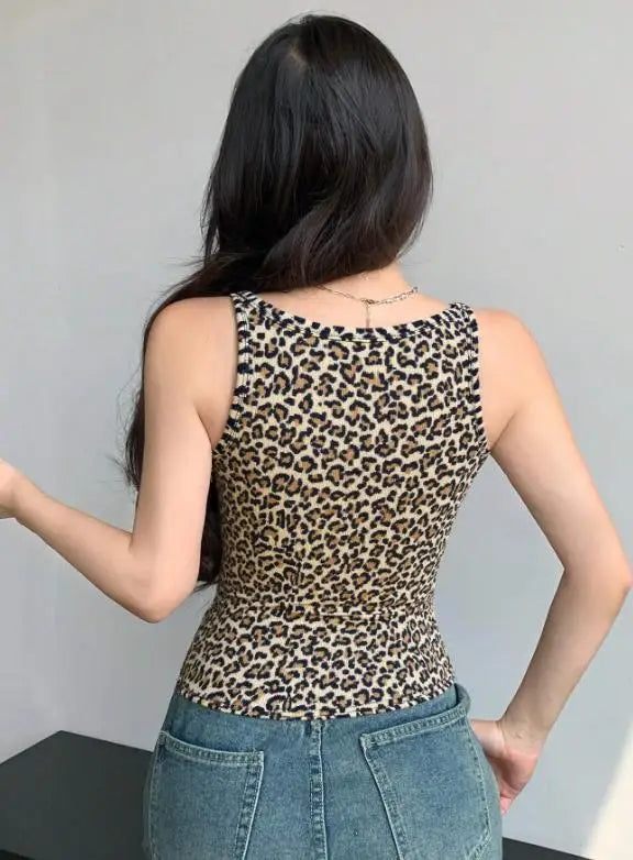 Top Women 2026 Spring Summer New Fashion Leopard Print U-Neck Sleeveless Slim Fit Versatile Daily Basic Casual Vest Top