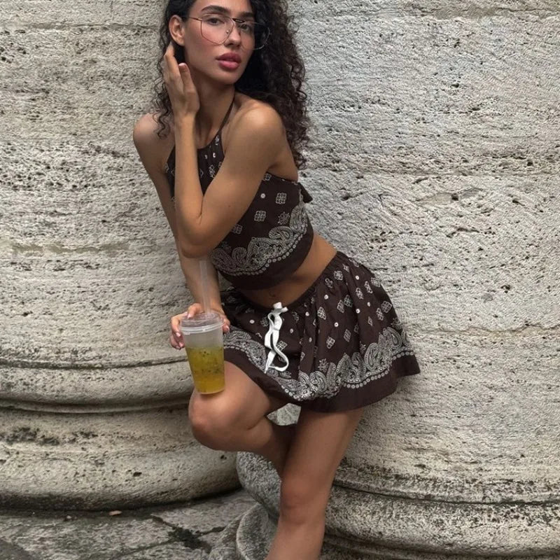 BWQ Vintage Print Dress Sets Women Sexy Summer Lace-up Top High-Waisted Mini Skirt Set Hot Girl Party Vacation Dress Sets