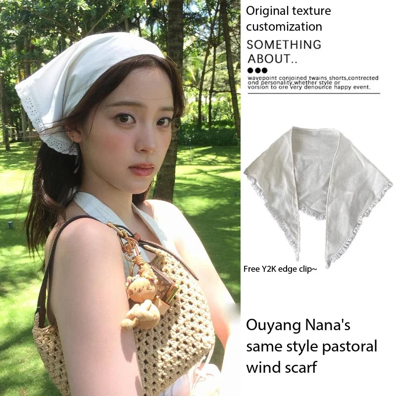 Ouyang Nana's White Lace Headscarf Triangle Fcarf For Women's Summer Seaside French Countryside Style Hair Scarf Headband