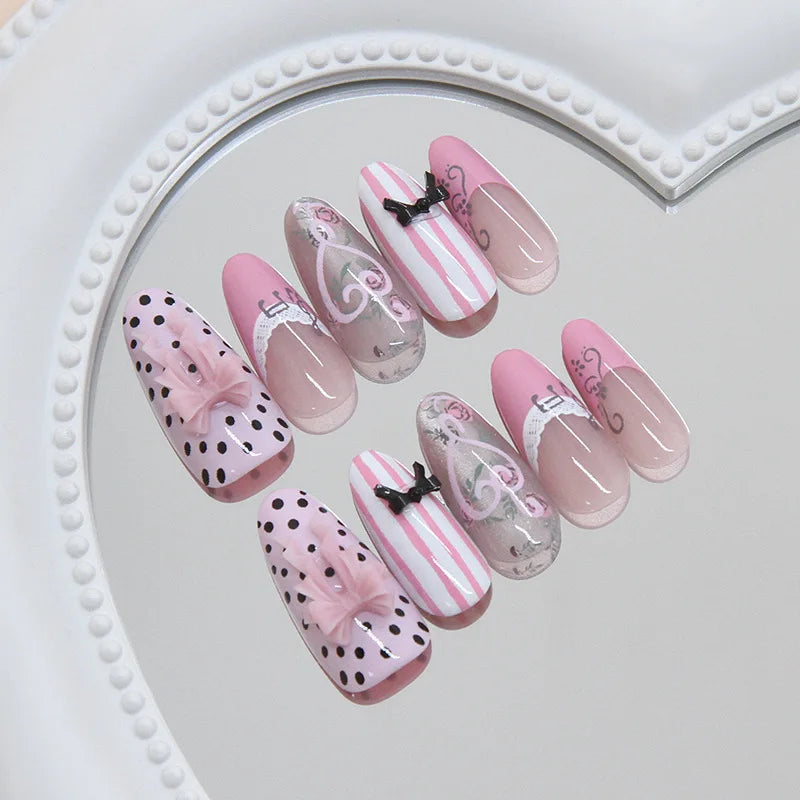 24pcs Sweet Pink Press On Nails Pink Bowknot Design French Almond Fake Nails Glossy Fashion Korean False Nail Patches Manicure