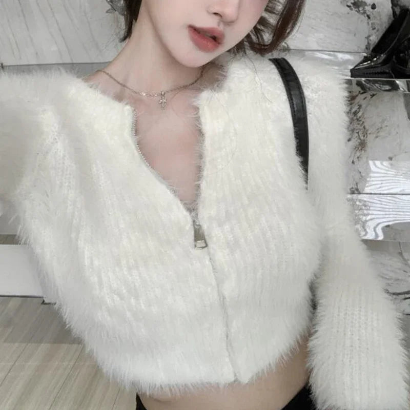 OL Korean Fashion Zipper Fluffy Cardigan Woman Autumn O Neck Long Sleeve Office Sweater Women Sweet Cropped Top Dropshipping