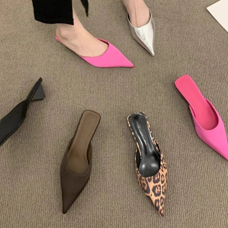 New Luxury Pointed Toe Women Mules Slipper Fashion Candy Color Ladies Elegant Dress Sandal Square Low Heel Slip on Slides Shoes