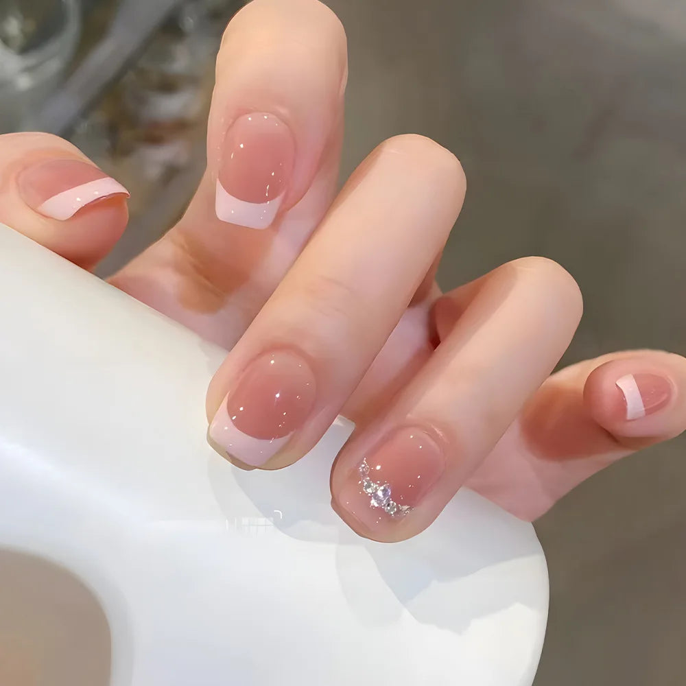 24pcs Cute Girly Short Square False Nails Sweet White French Nail Glitter Star Rhinestones Nail Art Cat Eye Bow Press On Nails