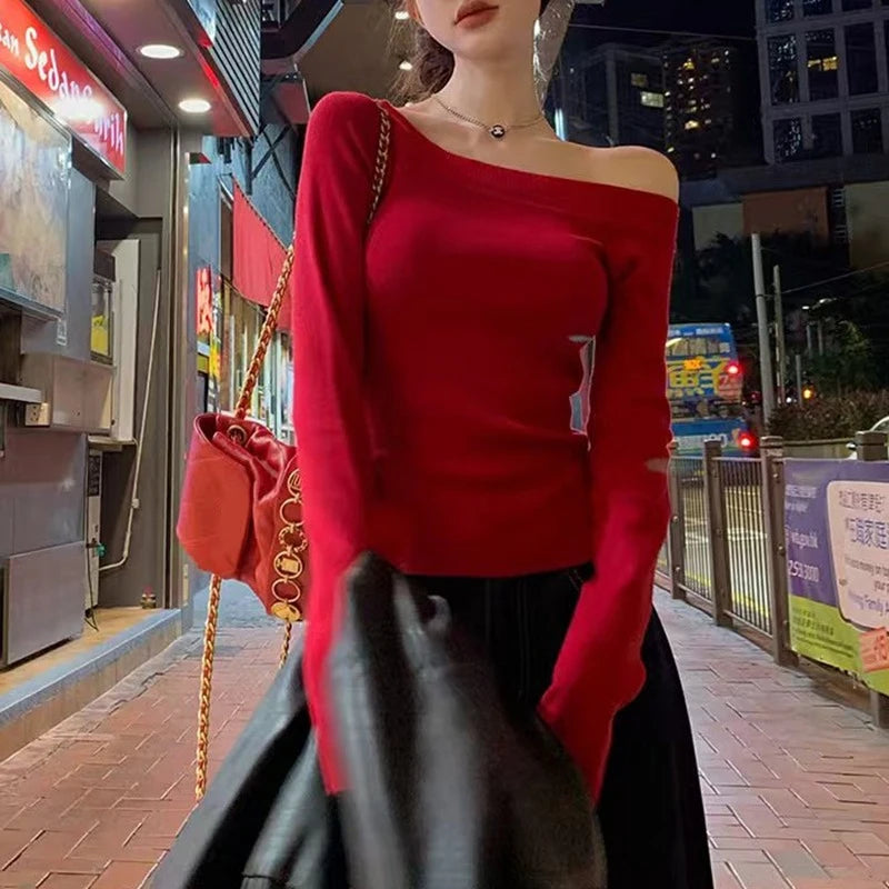 Elegant Long Sleeve Off-the-shoulder Knitted Sweater Women Pullover Bottoming Shirt Autumn Casual Office Simple Slim Fit Tops