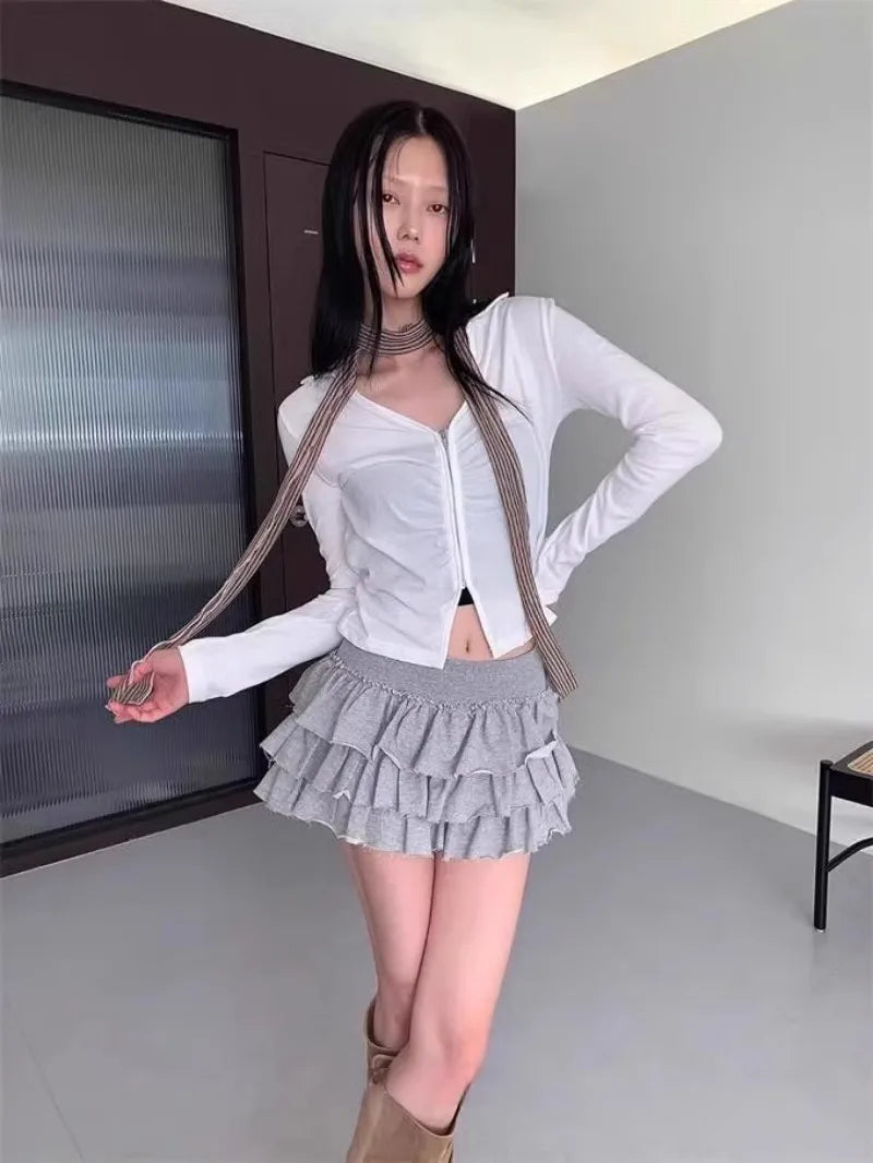 2026 Summer Vintage Korean Retro Ballet Style Ruffles Low Waist Cake Mini Skirt Streetwear Fashion Skirts White Faldas Y2k