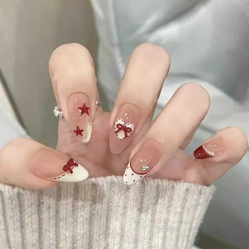 24pcs Sweet Pink Press On Nails Pink Bowknot Design French Almond Fake Nails Glossy Fashion Korean False Nail Patches Manicure