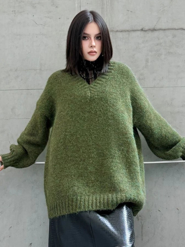 YERMORA Green Big Size Brief Casual Pullover For Women V-Neck Long Sleeve Loose New Sweater Fashion Tide Autumn Winter 2025