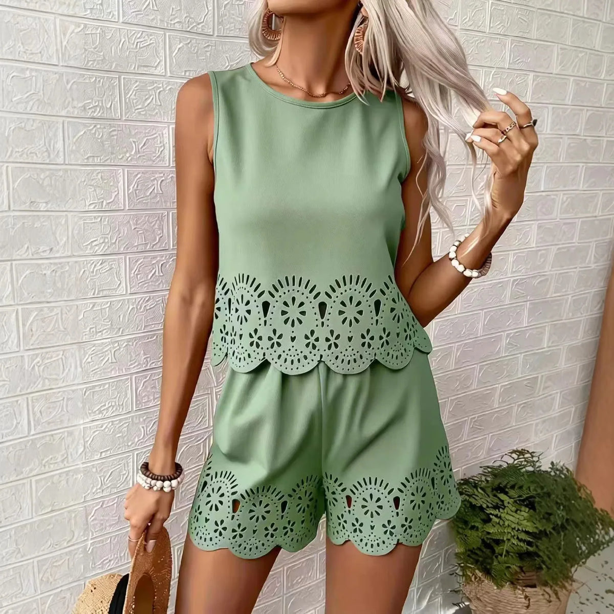 Hollow Out Print Loose Short Sleeve Shorts 2-Piece Set | Inspired by Neslihan Atagül