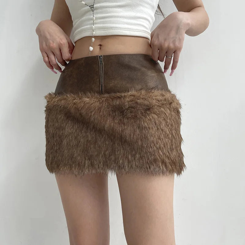 Vintage Patchwork Pu Leather Furry Skirt Women 2024 Winter Fashion Slim Mid-Waisted Mini Skirts Women Streetwear Lady