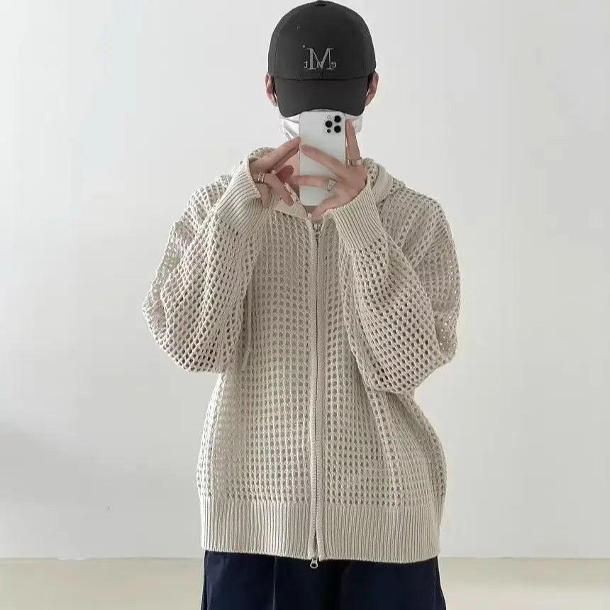 Unisex Hoodies Trendy Hollow Out Hooded Knitted Cardigan For Men Spring Autumn Loose Zip Up Sweater Coat Casual Outerwear