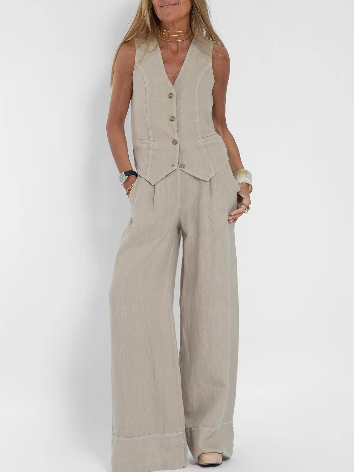 Womens Cotton Linen 2 Piece Sets  Sleeveless Suit Button V-Neck Vest and Wide Leg Pants Casual Blazer Matching Outfit