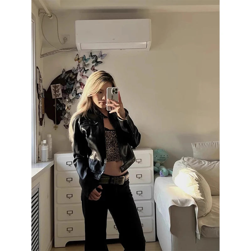 Vintage Pu Leather Jacket Women Streetwear Cropped Black Motorcycle Coats Fall Winter Y2K Harajuku Long Sleeve Short Outerwears