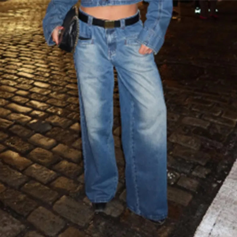 Lapel Woman's Denim Short Jacket Pants 2 Piece Sets Vintage Long Sleeves Denim Short Tops Dragging Baggy Low Rise Jeans Pants