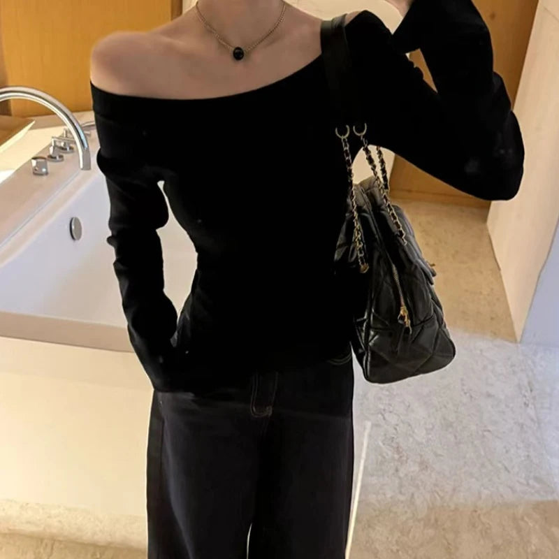 Elegant Long Sleeve Off-the-shoulder Knitted Sweater Women Pullover Bottoming Shirt Autumn Casual Office Simple Slim Fit Tops