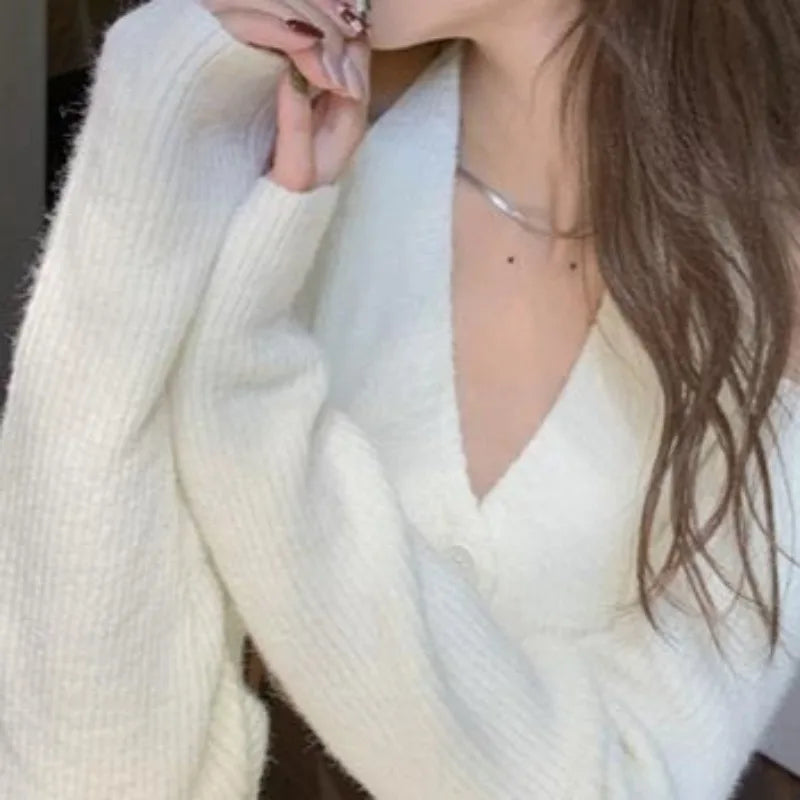 OCEANLOVE Short Cardigans Solid Halter Single Breasted Autumn Winter Woman Sweaters V Neck Y2k Sexy Korean Fashion Sueter Mujer
