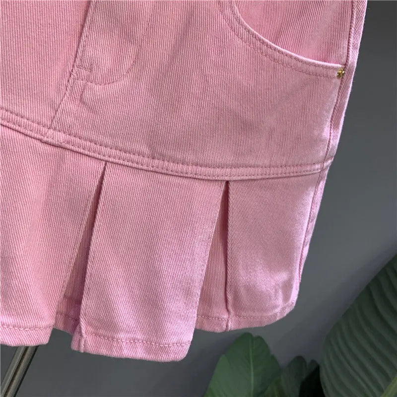 Sweet Fresh Pink Denim Skirt for Women Summer Fashion New Pleated A-line Skirts Casual All-match High Waist Faldas Sexy Mujer