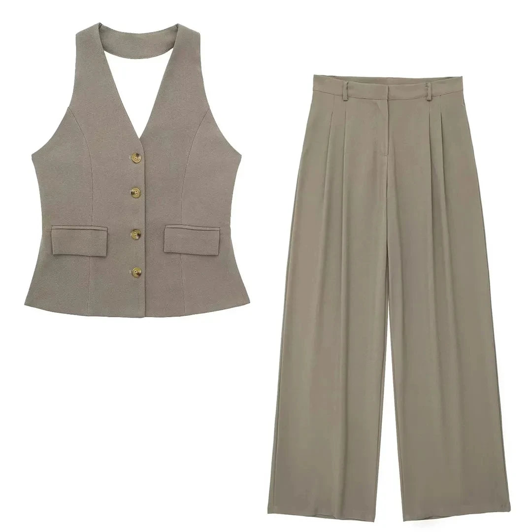 HH 2024 Female Elegant 2 Piece Solid Set High Waist Straight Trousers+Sleeveless Halter Vest Tops Chic Commuting Suit