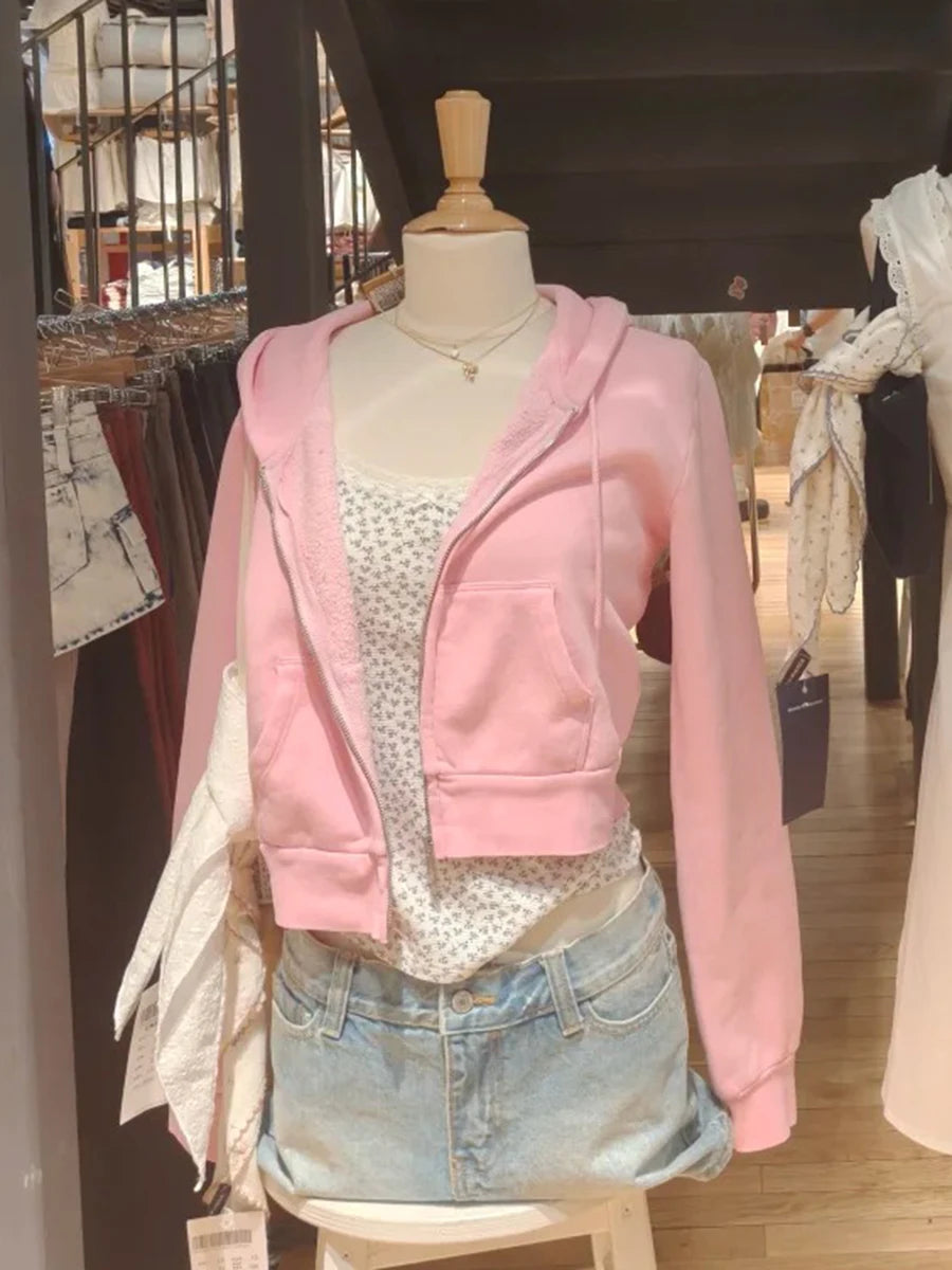 New Pink Zip-up Hoodie Woman Autumn Slim Zipper Drawstring Hooded Long Sleeve Cotton Sweatshirt Sweet Prppy Style Cute Crop Tops