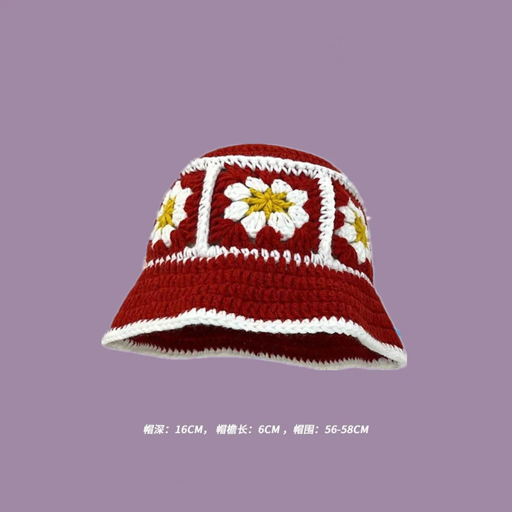 2023 Autumn New Crochet Korean Handmade Bucket Hat Women Weaving Knitted Hat  Fashion Flowers Autumn Winter Beanies Basin Cap