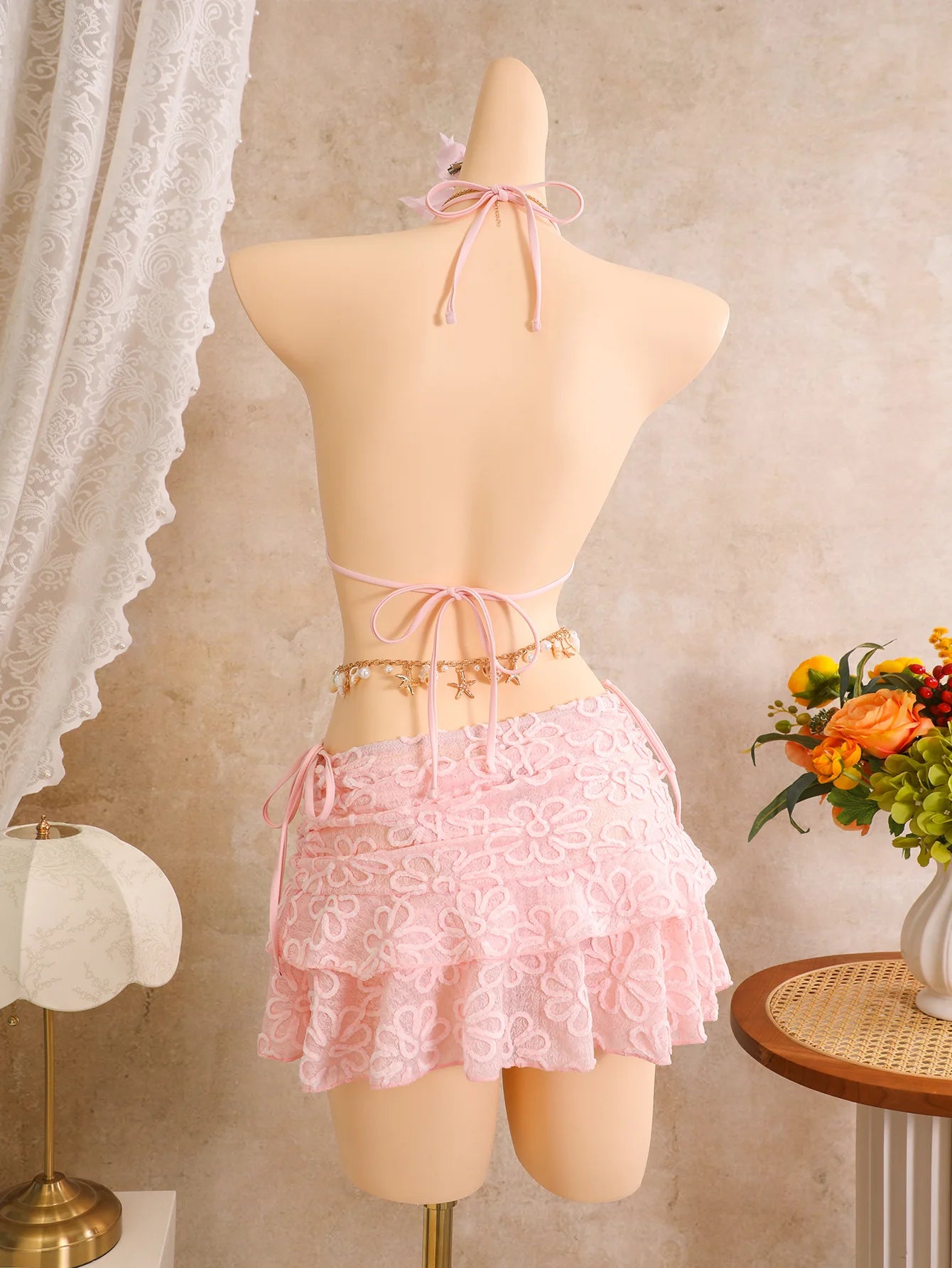 Sexy Pink Floral Embroidery Bikinis Sets 2026 Women 3D Flower Push Up Bra Swimsuit Bathing Suit Pleate Skirt 3 Piece Swimwear