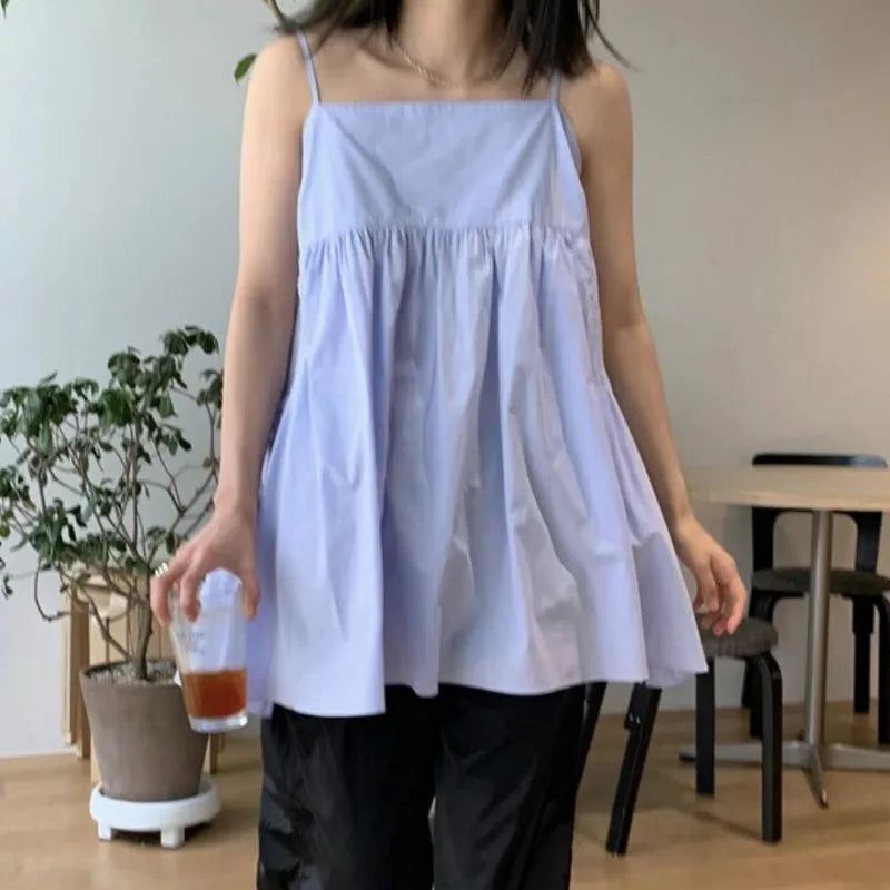 Matakawa Spring Summer Women Dresses Solid Pockets Korean Fashion Sweet Vestidos Mujer Vintage Sleeveless  Mini Dress