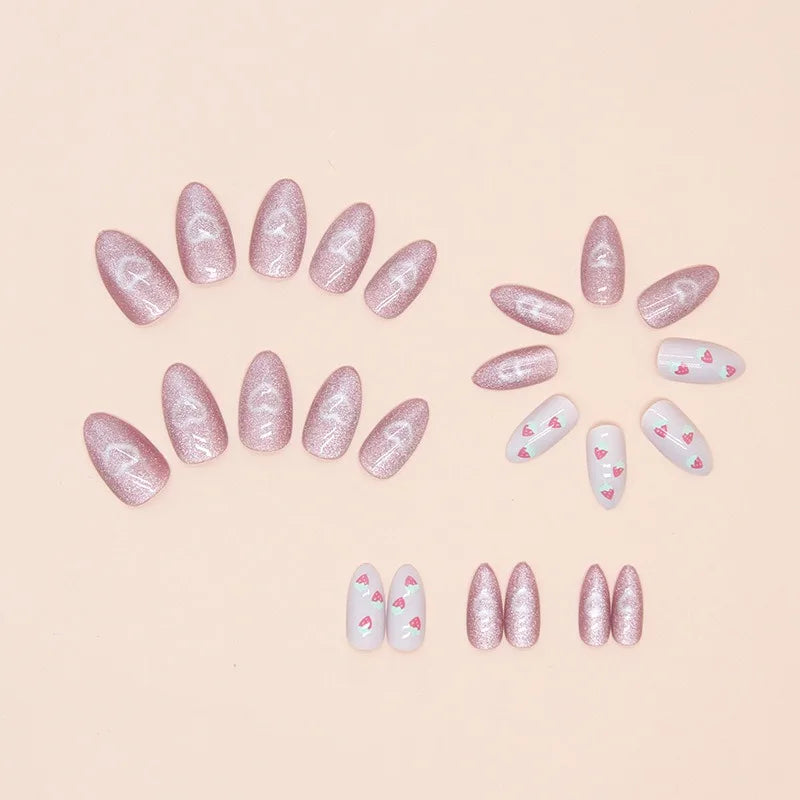 24Pcs Almond Press-On Nails in Pink Cat Eye with Heart & Strawberry Designs – Glossy Acrylic Stick-On Nails for Women & Girls