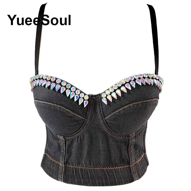 Denim Crop Tops Pearl Tassel Diamond Flower Blue Sleeveless Sexy Corset 2000s 2026 Summer New Y2K Party Evening Woman Clothes