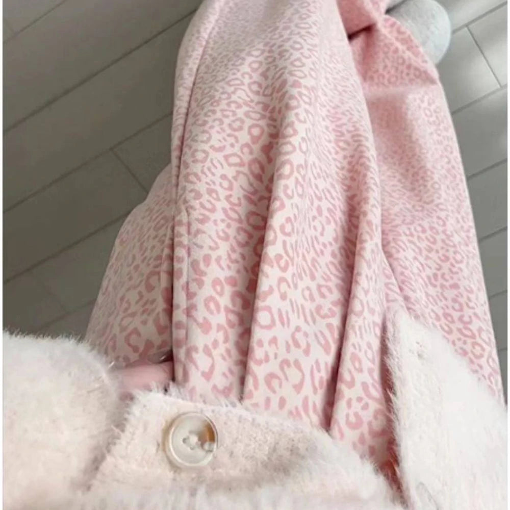 Pink leopard print fleece pants children's 2026 new autumn and winter retro lazy wind loose and thin casual wide-leg pants