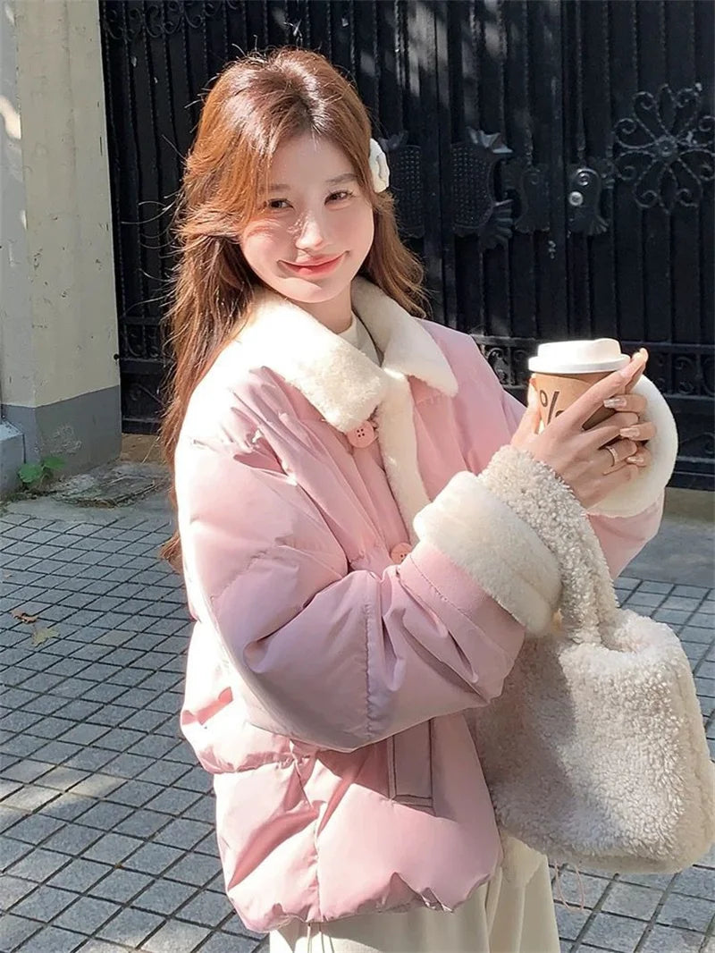 2026 Winter New Korean Gentle Age Reducing Collar Splicing Cotton  Jacket Women's Splicing Cotton Jacket Fashion Pink And Blue