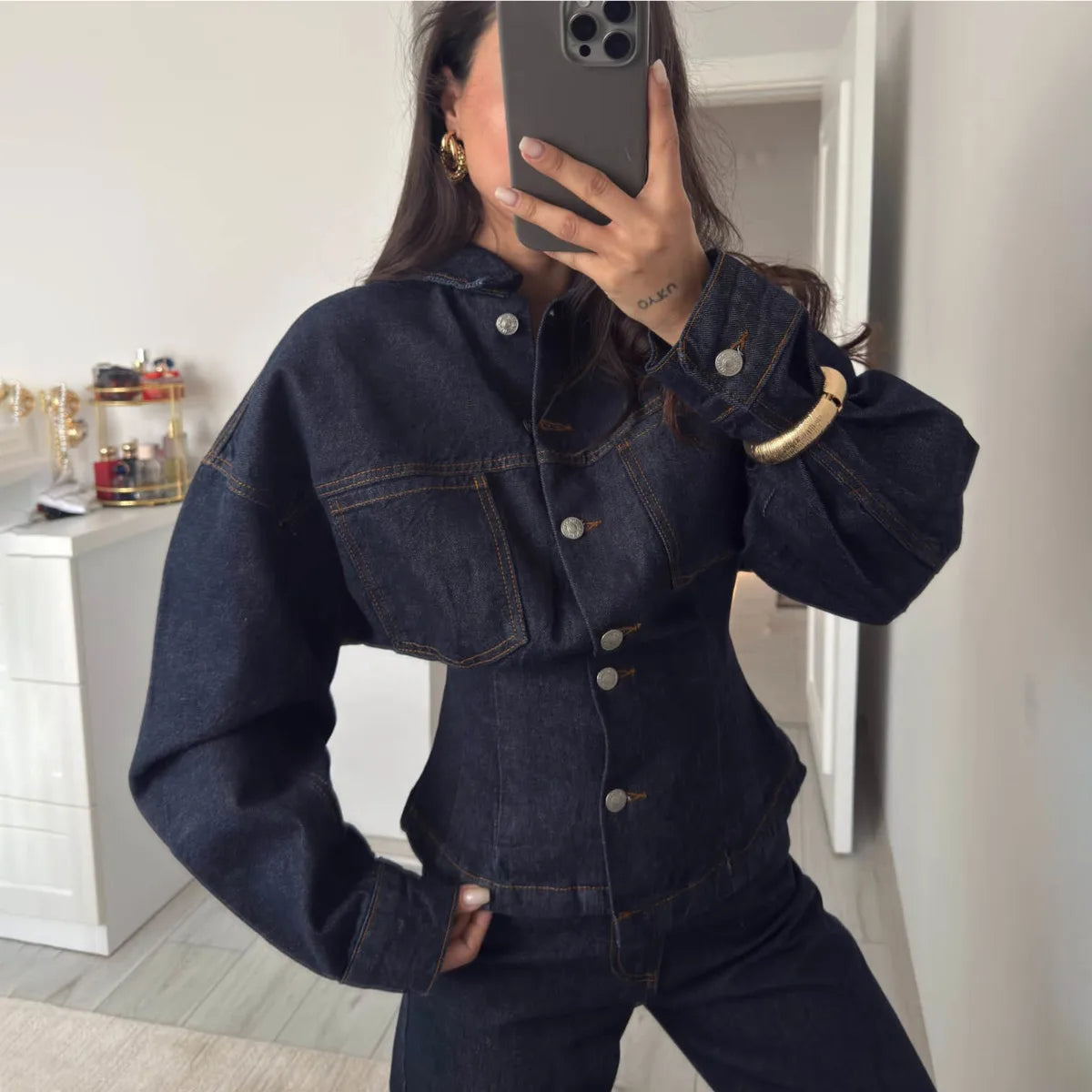 KT Dark Blue Denim Suit Women Oversized Puff Sleeve Fitted Denim Jacket & High Waist Wide Leg Pants 2026 New Arrival
