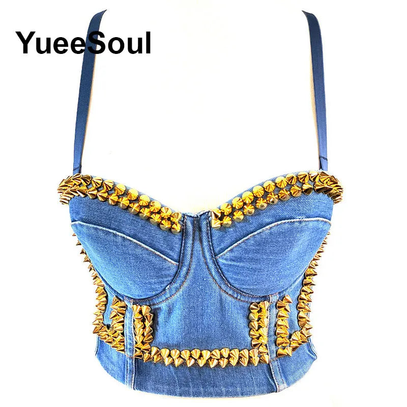 Denim Crop Tops Pearl Tassel Diamond Flower Blue Sleeveless Sexy Corset 2000s 2026 Summer New Y2K Party Evening Woman Clothes