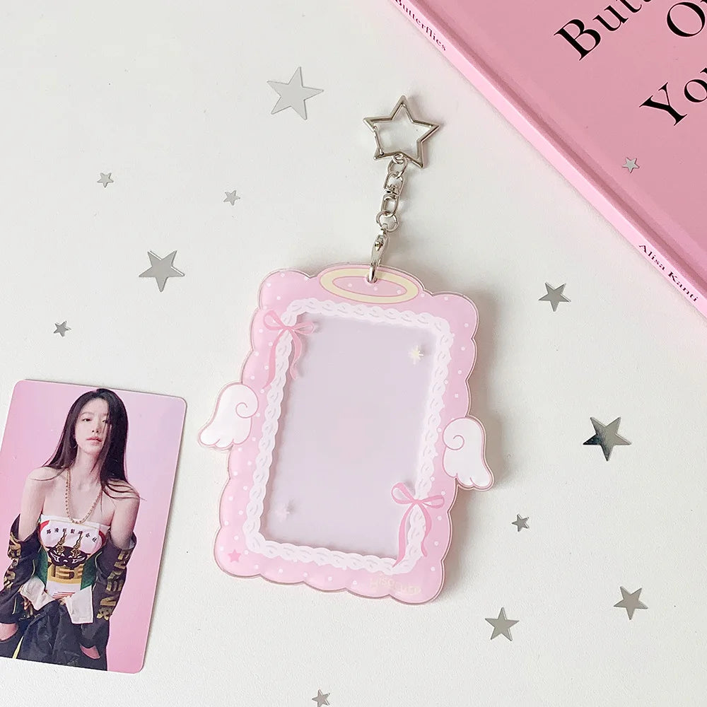 Kawaii 3-inch Photocard Holder with Wing Charm Keychain Kpop Idol Photo Sleeve for Student ID Bag Pendant Cute Card Protector