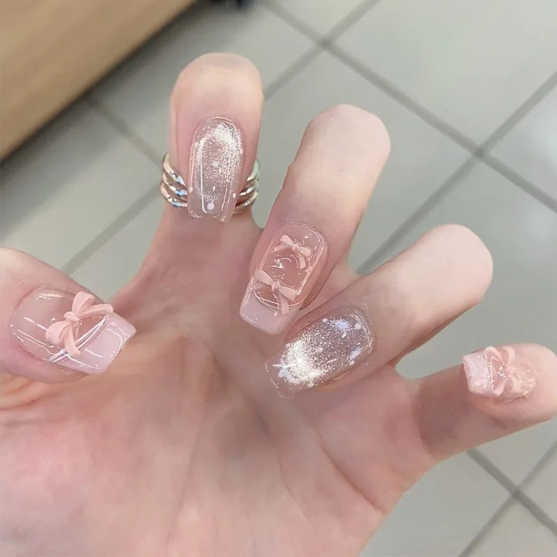 24pcs Cute Girly Short Square False Nails Sweet White French Nail Glitter Star Rhinestones Nail Art Cat Eye Bow Press On Nails
