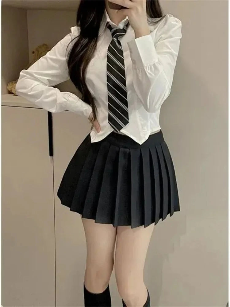 2026 JK Uniform Women Suits Hot Girls New Solid Slim Long-sleeved Blouse + White Skirt Woman