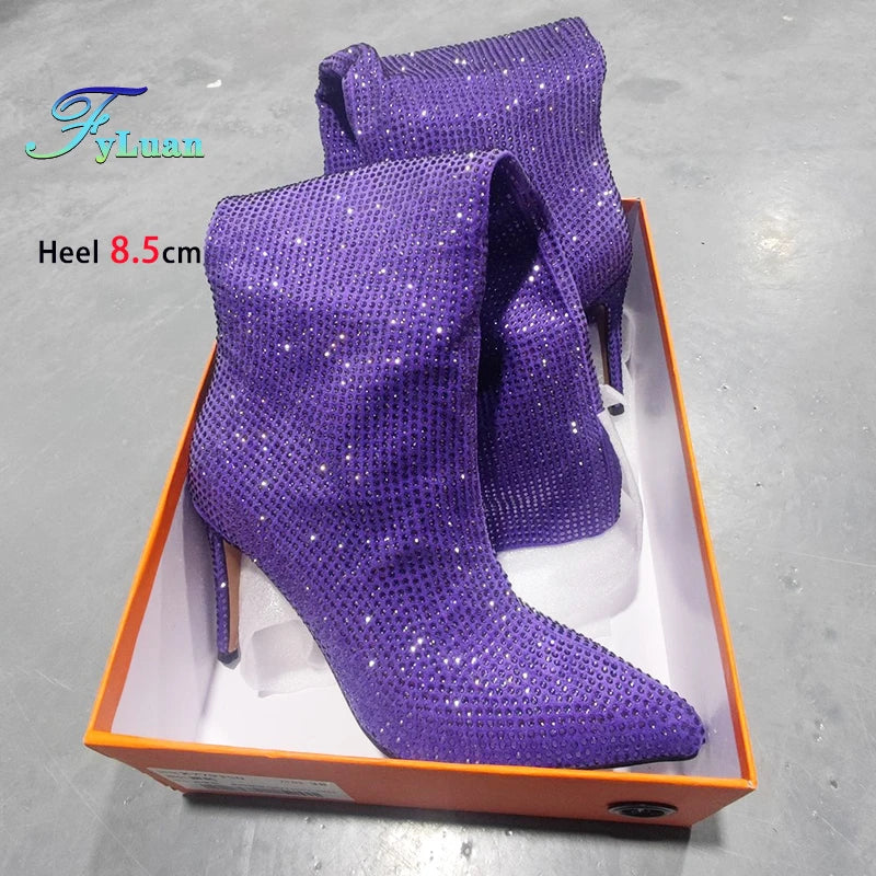 Gorgeous Rhinestones Boots Full Crystal Diamond Star Stage Shoes Women Pointy Knee-high 8.5CM Thin Heel Glitter Party Long Boots
