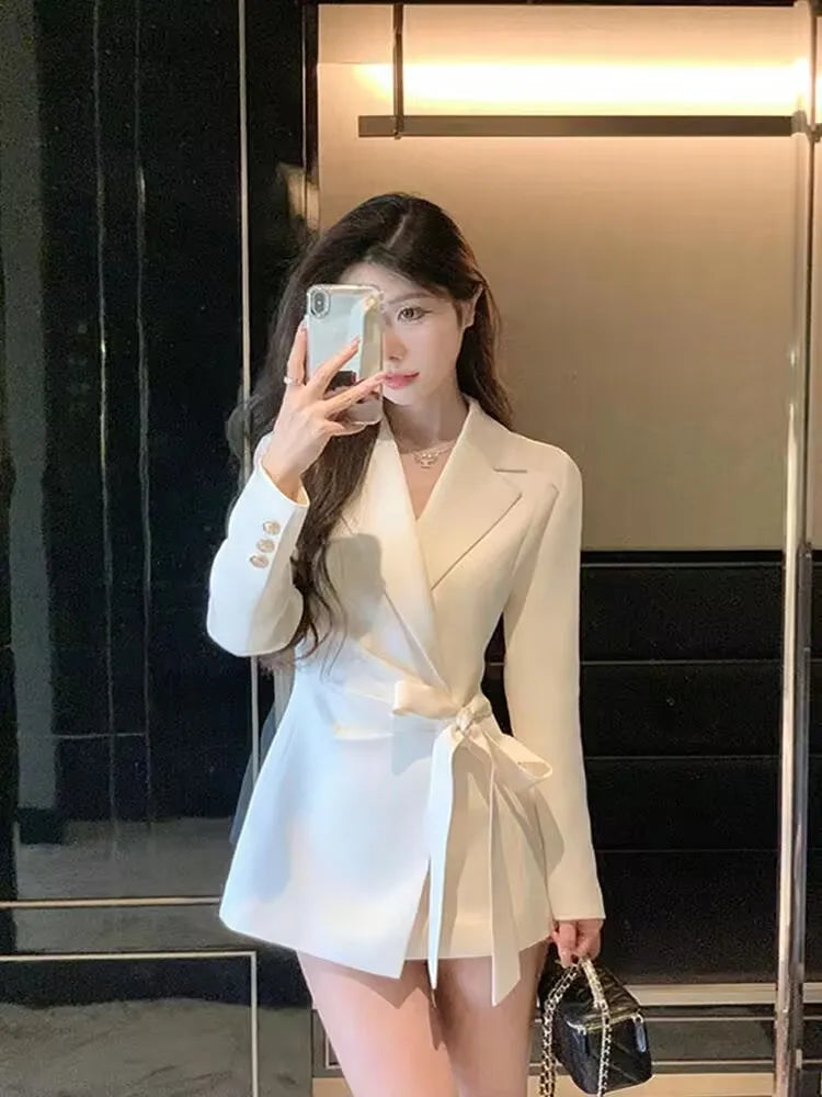 Solid Color 2026 Autumn New Korean Style Slimming Belted Blazer with Waist-Cinching Design for Women Lace-Up Jacket White Black