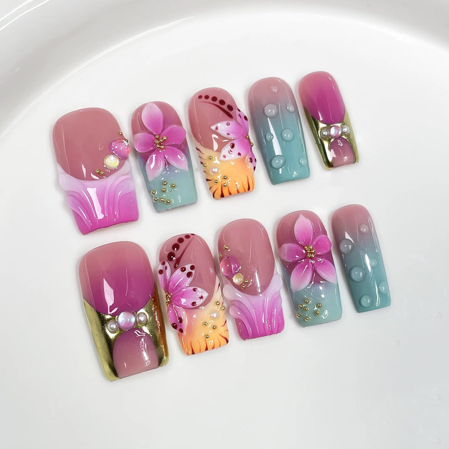 10pcs Dreamy Ocean Press on Nails 3D Flower Pearl Starfish Nail Art Gradient French False Nails Sweet Cool Square Fake Nails Tip