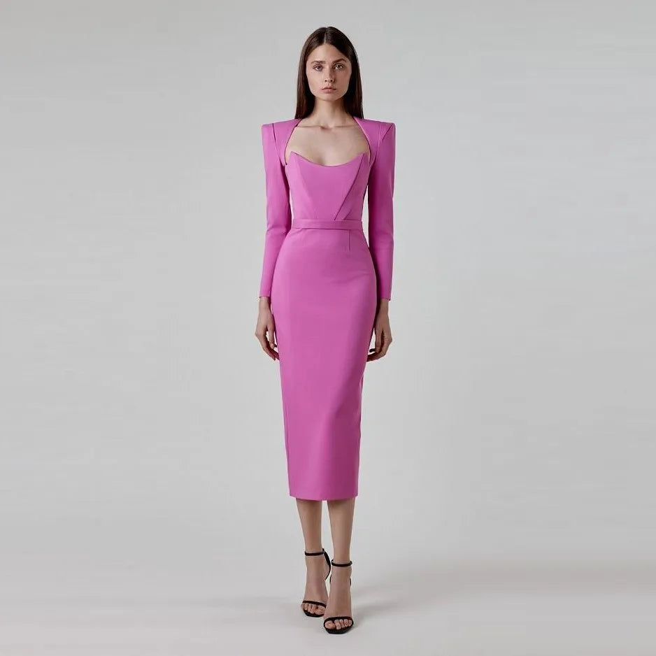 2025 Women Celebrity Sexy Long Sleeve Square Collar Rose Red Maxi Long Mini Bandage Dress Elegant Evening Club Party Outfit